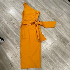 ASOS DESIGN Tall one shoulder side knot midi dress in mustard